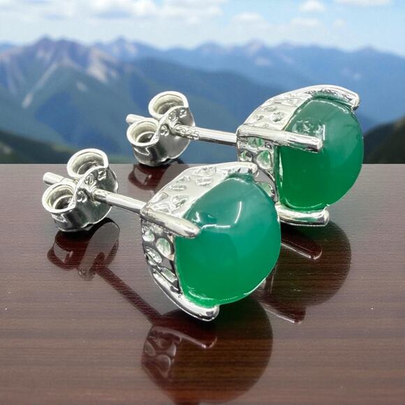 Natural Green Onyx Cabochon Stud Earrings 925 Sterling Silver Handmade - Picture 2 of 5